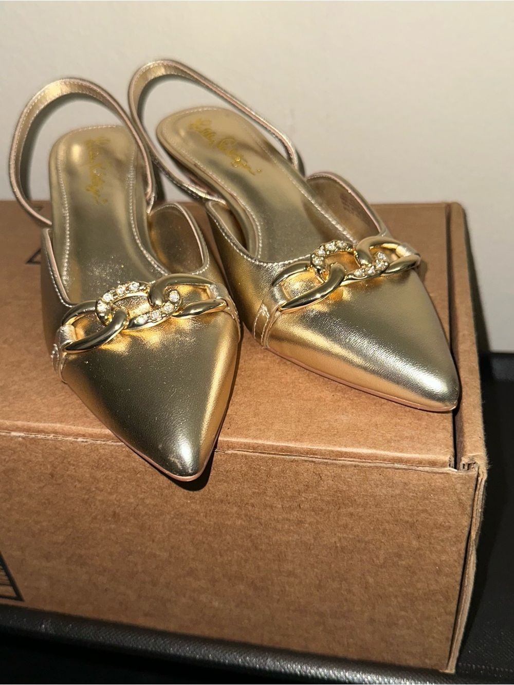Lilly Pulitzer Jules Metallic Gold Pointed Slingback Heels Sz 6